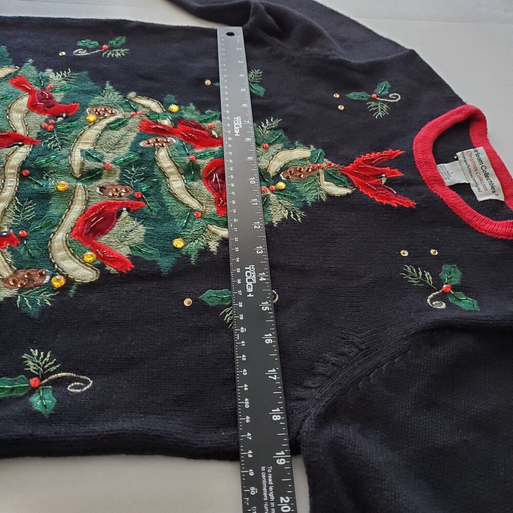 VNTG Christmas Sweater Embellished Tree Red Cardinals Heirloom Collectibles Sz L - Picture 4 of 7